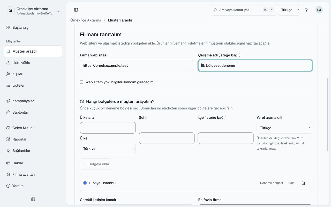 Ulak müşteri araştırması hazırlığında örnek web sitesi ve Türkiye–İstanbul deneme bölgesi.