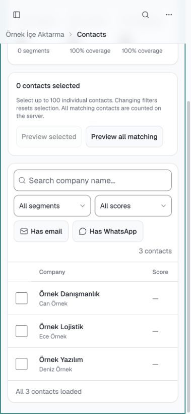 Three fictional contacts imported from a file in Ulak’s mobile contact list.