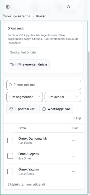 Ulak mobil kişiler listesinde dosyadan içe aktarılmış üç kurmaca kişi.